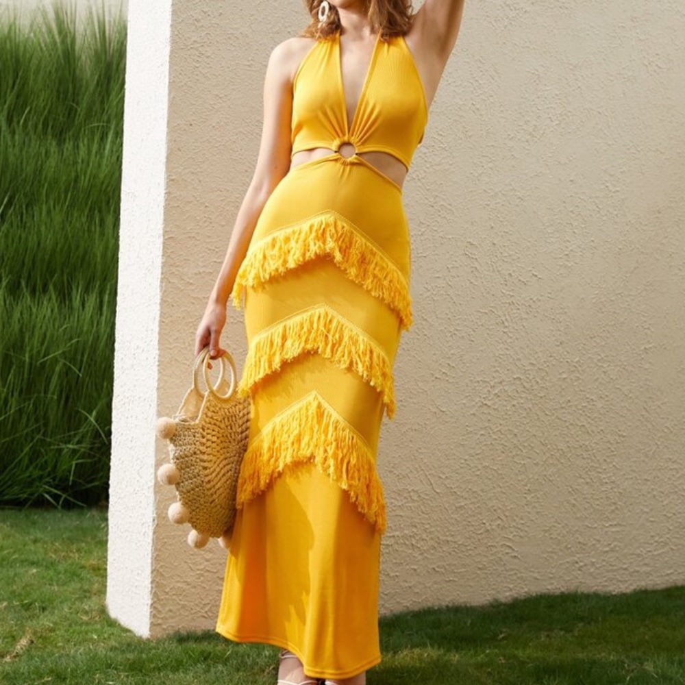 SHEIN Yellow Fringe Maxi Dress